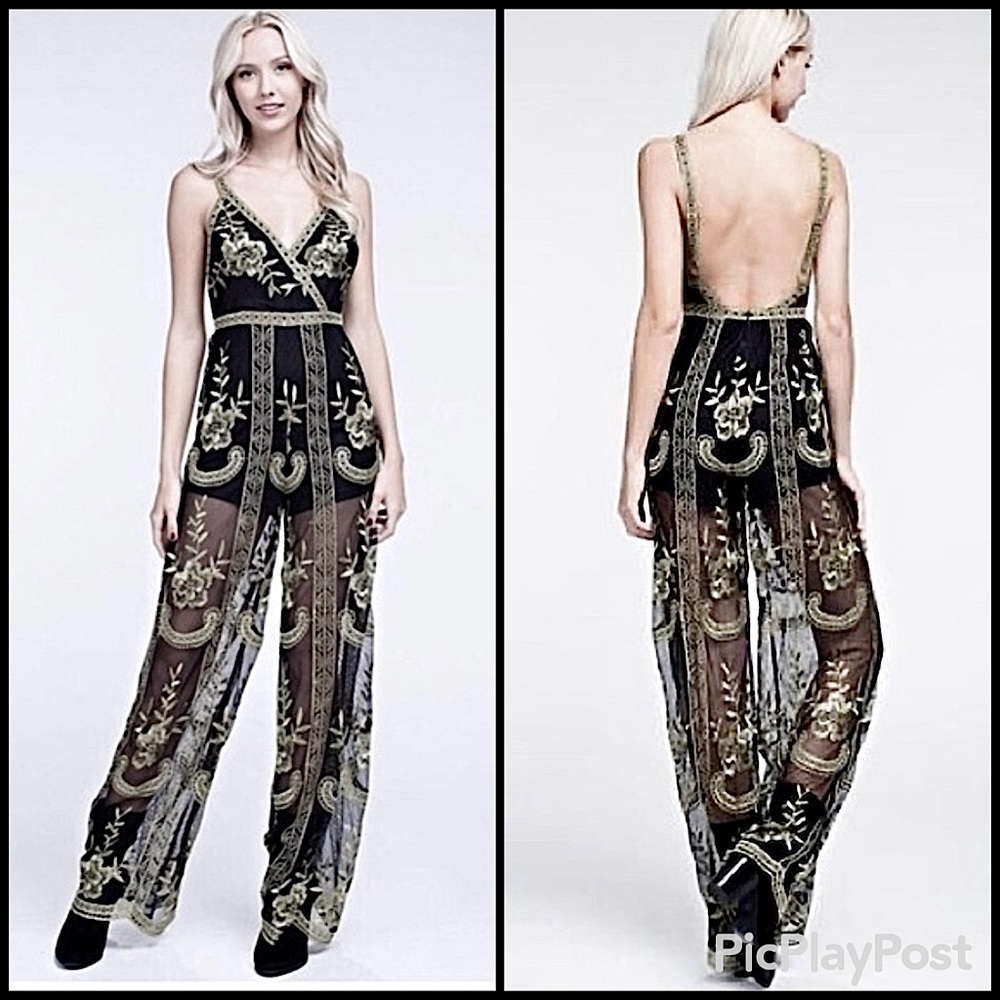 Cocktail Party Black Silver Lace Embroidered Jumpsuit Short Under Sheer Pant NWT
